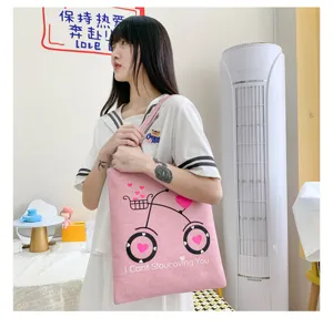 Borsa tote in tela rosa con stampa di bicicletta e cuori, borsa casual per studenti.