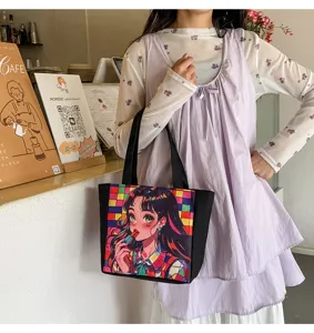 Bolso de hombro de lona de moda con estampado de chica de dibujos animados para uso diario.