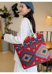 Bohemian woven ethnic tote bag with rope handles, large capacity shoulder bag for women.