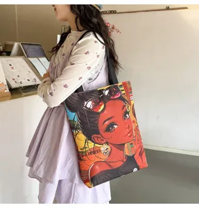 Sac cabas en toile tendance avec imprimé fille noire rétro décontracté sac à épaule quotidien