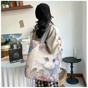 Große Canvas Tragetasche für Damen, niedliches Katzenmuster und bequeme gestreifte Schultergurte.