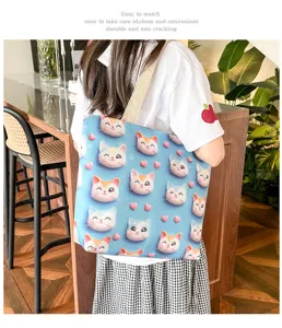 Bolso de hombro de lona de moda con bordado de gatos de dibujos animados, bolso grande.