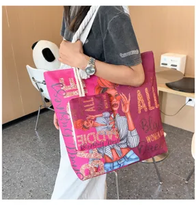 Sac cabas en toile avec imprimé de fille noire et pochette pour le shopping quotidien.