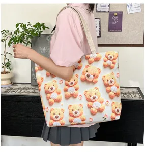 Bolso tote de lona informal con lindo estampado de oso 3D, gran capacidad y diseño elegante.