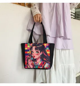 Bolso tote de lona con estampado de chica anime retro, patrón a cuadros colorido, bolso.