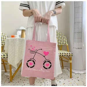Borsa shopper in tela di lino rosa con stampa bicicletta e cuori, borsa casual da donna.