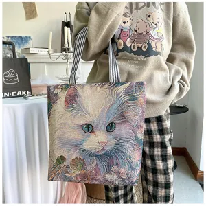 Große Canvas-Tragetasche mit Vintage-Katzenmuster, stilvolle Umhängetasche für den Alltag.