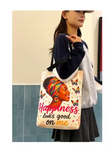 Large capacity canvas tote bag with artistic Black woman print, stylish shoulder gift bag.