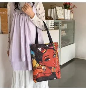 Sac à bandoulière en toile avec imprimé fille noire, rétro grande capacité fourre-tout.