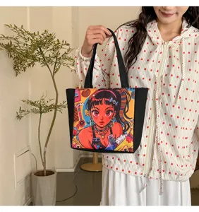 Bolso de hombro de lona con estampado de chica negra elegante, bolso tote casual diario mujer.