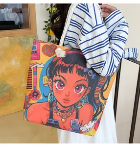 Niedliche bedruckte Canvas Umhängetasche mit Cartoon Motiv, große Freizeit Shopper Tasche.