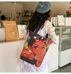 Sac à bandoulière en toile imprimé fille noire tendance rétro grand sac fourre-tout femme.