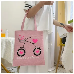 Borsa shopper in tela di lino rosa con stampa bicicletta e cuore, borsa a spalla casual per studenti.