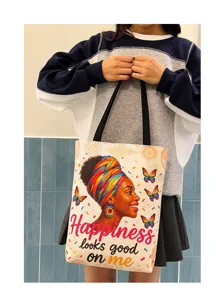 Canvas tote bag with inspiring quote and artistic print, large capacity daily shoulder bag.