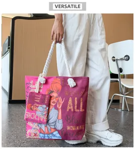 Sac cabas en toile avec imprimé graphique de femme noire, sac bandoulière élégant et pochette.