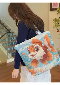 Bolso tote de lona de moda con bonito patrón tejido de pez dorado de dibujos animados diario.