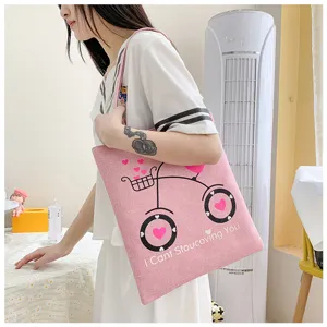Borsa shopper in tela di lino rosa con stampa cuore bici simpatico borsa a tracolla casual donna
