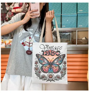 Bolso tote de lona con mariposa Vintage 1980 bolso de hombro casual para mujer gran capacidad