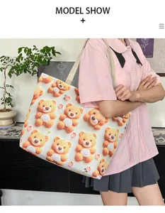 Bolso de hombro de lona casual estilo coreano con bonito diseño de bordado de oso de ganchillo 3D.