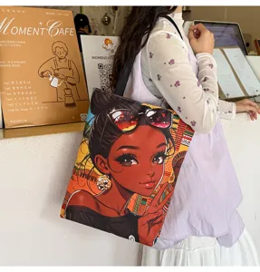 Sac à bandoulière en toile imprimé fille noire mode, style rétro grande capacité.