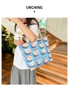 Bolso tote de lona para mujer, bolso de hombro informal de gran capacidad con lindo gato.