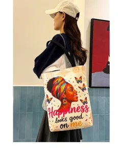 Canvas shoulder tote bag with inspirational art print, large capacity casual daily handbag for women