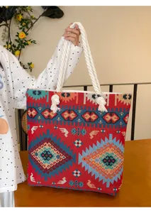 Ethnic woven tote bag with rope handles large capacity geometric shoulder bag for women