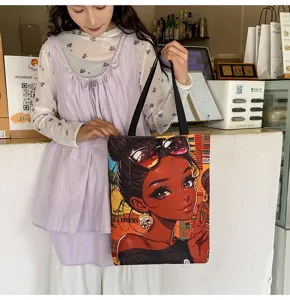 Sac cabas en toile imprimée fille noire, sac à main vintage grande capacité chic.
