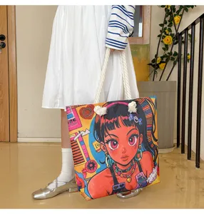 Retro Anime Druck Canvas Tote Bag lässige Schulter Handtasche für Damen und Studenten