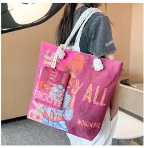 Sac cabas en toile avec impression artistique de fille noire, sac à épaule léger et tendance.
