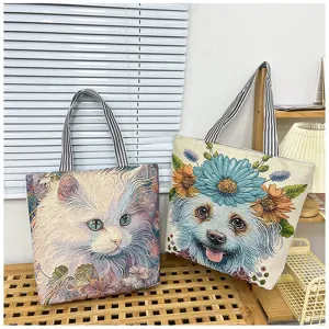 Leinwand Tragetasche mit Katzen und Hundemotiv, grosse Kapazitaet Freizeit Schultertasche.