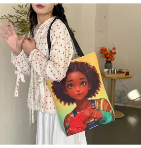 Sac cabas en toile vintage avec imprimé dessin animé, grand sac bandoulière stylé.