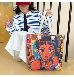 Niedliche Canvas Tragetasche fuer Damen Mode freizeit Umhaengetasche mit bunten Anime Print