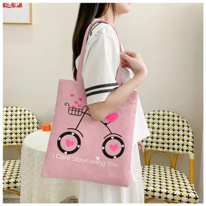 Borsa shopper in tela di lino rosa con stampa bici e cuore, elegante e casual borsa a spalla.
