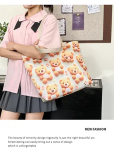 Bolso tote de lona de moda con bordado de oso lindo, bolso de hombro de gran capacidad.