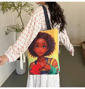 Sac cabas en toile rétro avec imprimé fille noire élégante, sac porté épaule polyvalent.