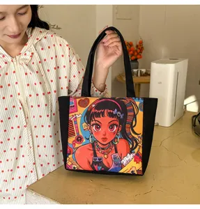 Bolso de lona moderno con estampado de chica anime elegante, bolso de hombro informal.