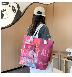 Sac cabas en toile imprimé fille noire peint à la main avec pochette pour les courses.