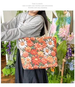 Bolso tote de lona de estilo coreano con bordado floral, bolso de hombro informal de gran capacidad