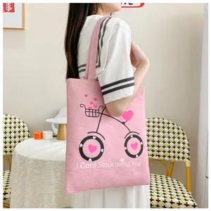 Borsa shopper in tela di lino rosa per donna, graziosa borsa a spalla con bici, borsa casual.