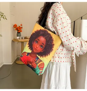 Sac cabas en toile tendance avec impression de fille noire retro pour le quotidien chic.
