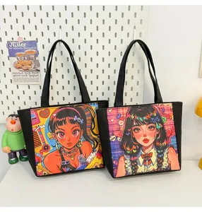 Bolso tote de lona de moda con estampado de chica de dibujos animados, bolso casual.