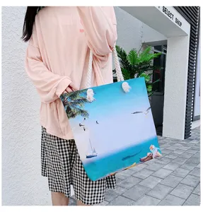 Borsa tote da spiaggia casual in tela con stampa marina e manici in corda per l'estate.
