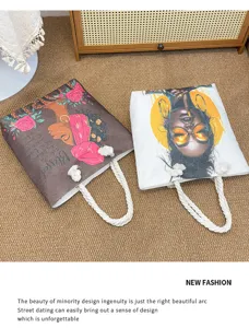 Große Segeltuchtasche mit künstlerischem Porträt-Print für Damen am Strand und im Alltag.