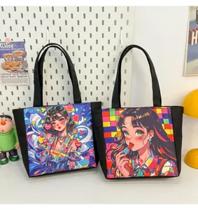 Bonito bolso tote de lona con estampado, elegante bolso de mano de dibujos animados.