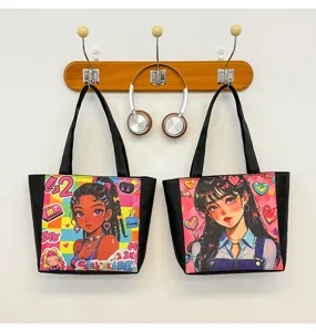 Bolso tote de lona con estampado de chica negra, bolso de hombro de dibujos animados de moda.
