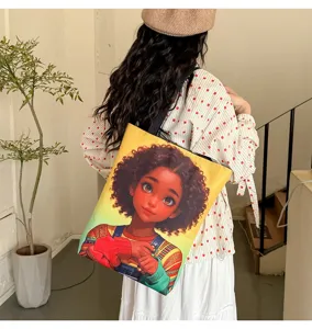Sac fourre-tout en toile avec imprimé de fille noire, grand sac bandoulière décontracté.