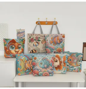 Bolso tote de lona de pez de dibujos animados colorido y funda de cojín, bolso de hombro bordado.
