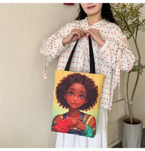 Sac à bandoulière en toile imprimé fille noire, cabas fourre-tout rétro décontracté.