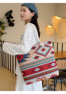 Ethnic style embroidered large capacity tote bag with hemp rope handle for women